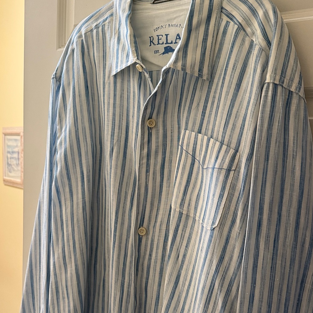 Tommy Bahama Cream and Blue Relax linen long sleeve shirt